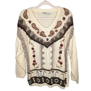 Vintage Classic Elements Chunky Raime Floral cream sweater Grandmacore woman's M